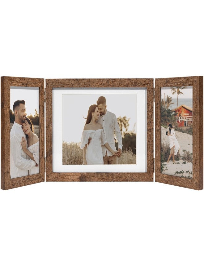 Sonefreiy إطار صور Sonefreiy ثلاثي، إطار صور مجمعة مقاس 5x7 و4x6 للجدار، إطار صور خشبي ريفي قابل للطي بمفصلات، هدية عيد الميلاد للأم والجدة والعائلة والأصدقاء، بني - Image 1
